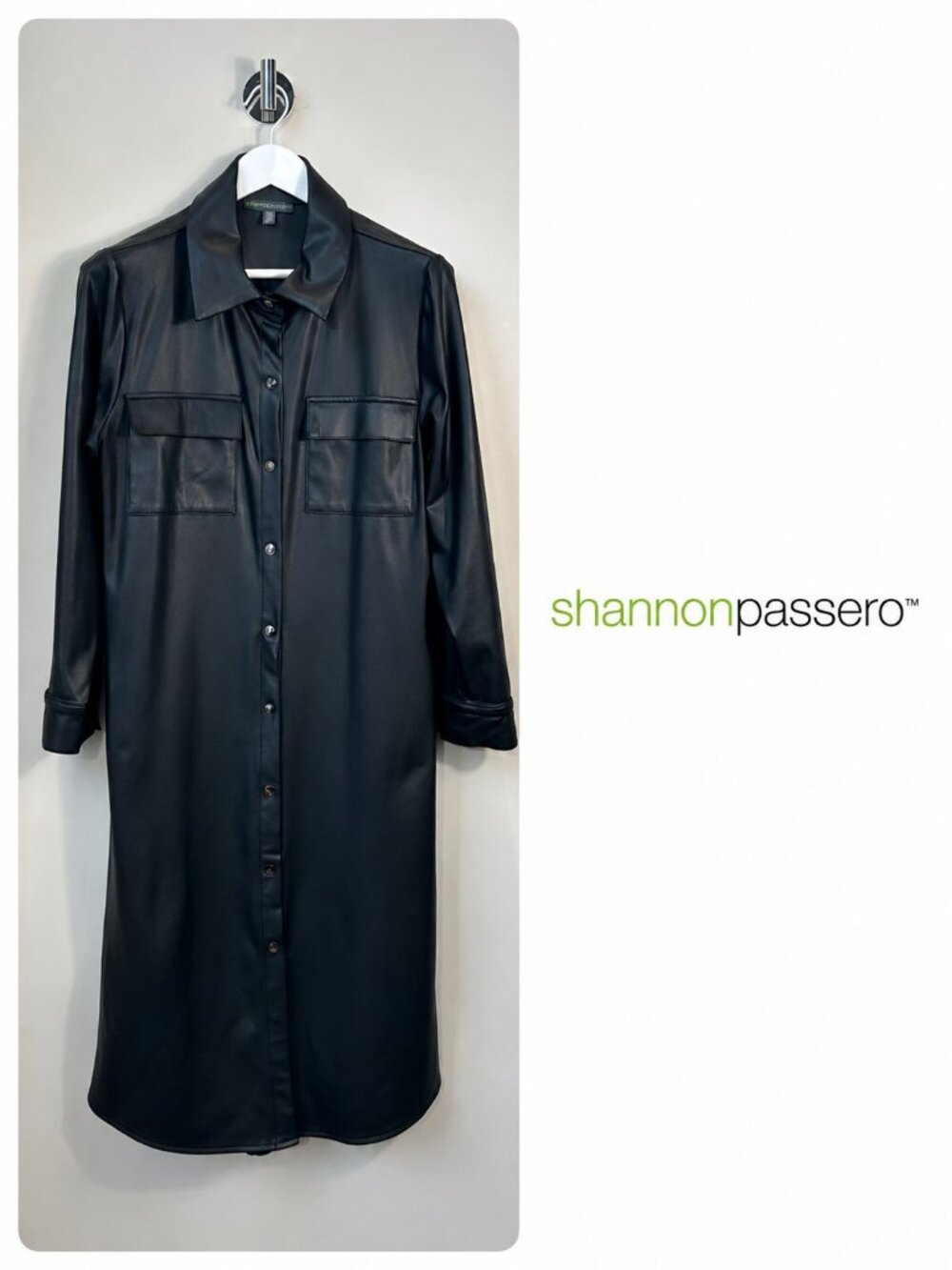 Shannon Passero Black Faux Leather Longline Shirt Jacket Shacket Size M